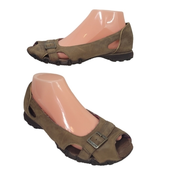 SKECHERS Original Bikers Tan Leather Peep Toe Slip On Flats Comfort Sandals - Picture 1 of 8